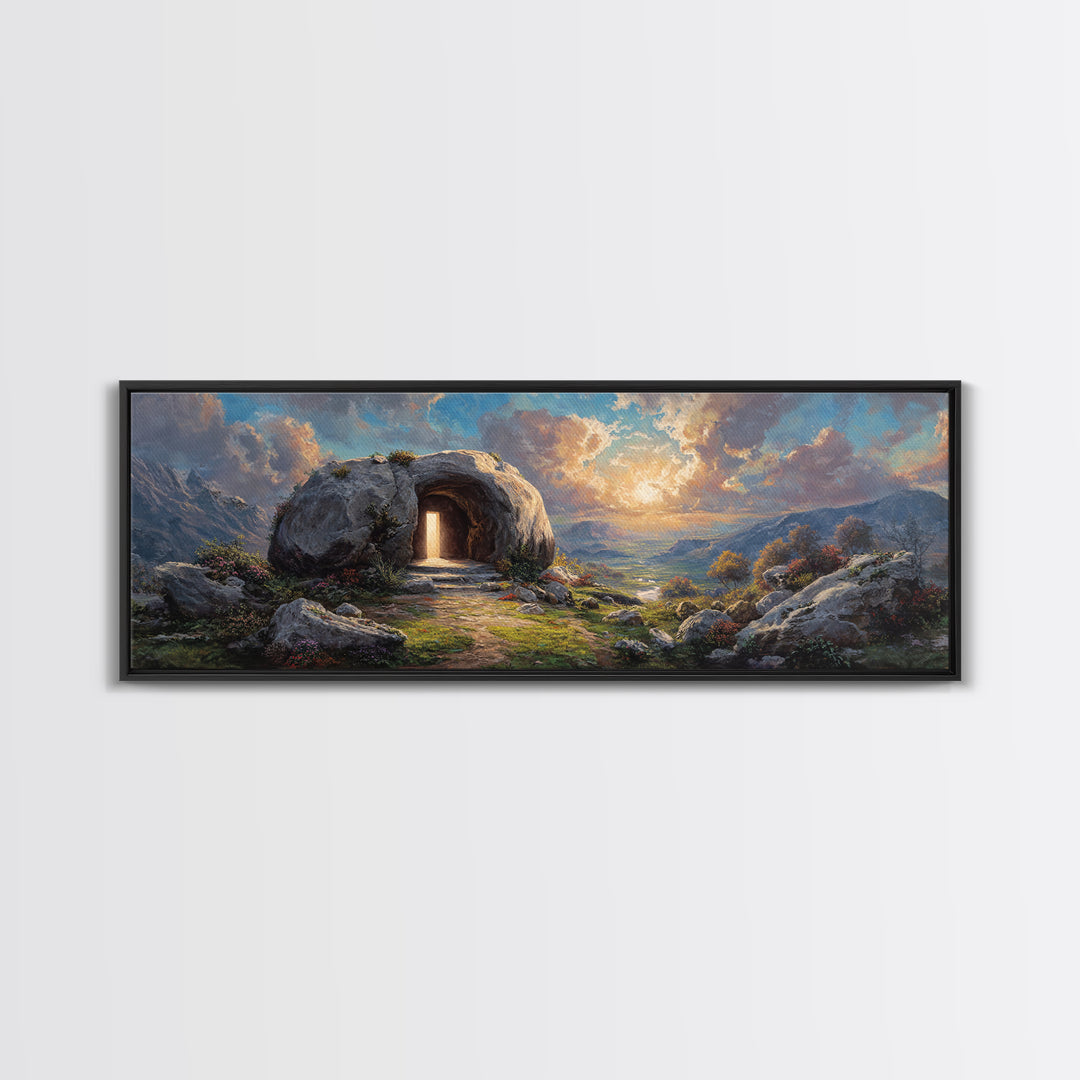 Luminous Entrance To Rocky Cave At Sunset Landscape Wall Art Framed Canvas Print For Home Decor
