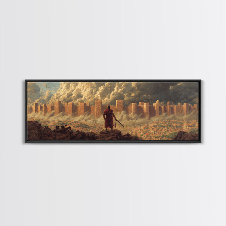 Epic Ancient Siege Scene With Warrior Overlooking Burning City - Dramatic Wall Art Canvas Print For Home Office And Living Room Decor