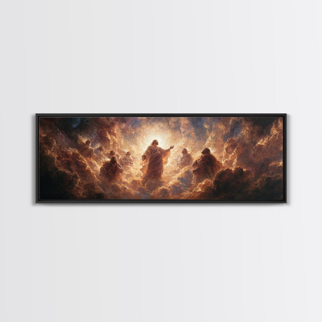 Radiant Ascension Of Christ Surrounded By Disciples Religious Wall Art Framed Canvas Print Spiritual Home Decor