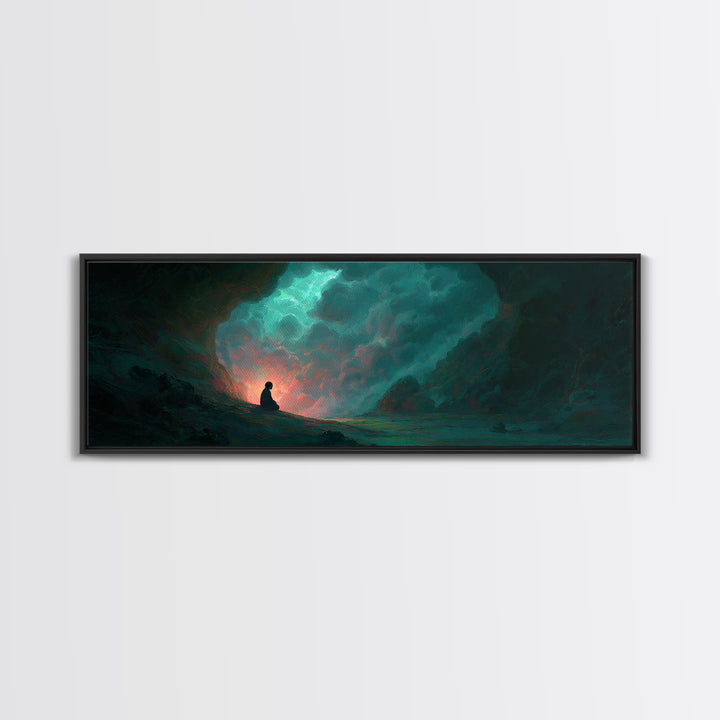 Meditating Figure In Mystical Cave With Glowing Light And Nature Elements Wall Art
