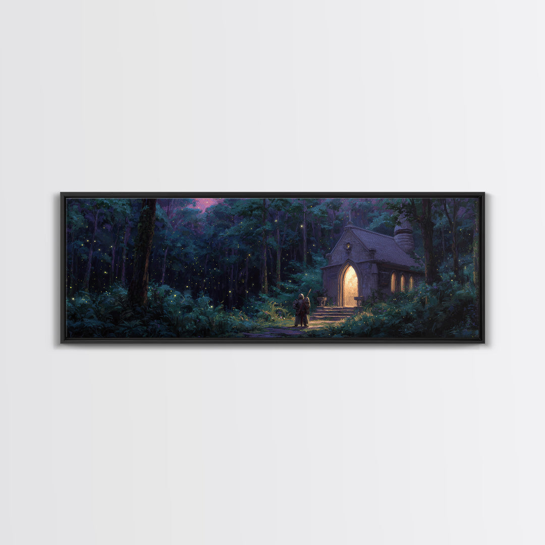 Enchanting Forest Chapel At Night With Glowing Lights And Two Travelers Original Fantasy Wall Art Print