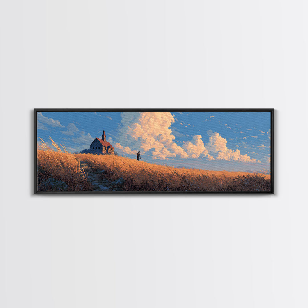 Peaceful Countryside Scene With Golden Wheat Field And Small Church Under Dramatic Sky Framed Canvas Print For Nature Wall Art