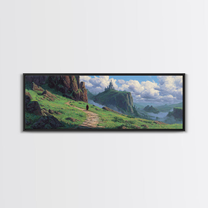 Enchanting Fantasy Landscape With Lone Traveler Walking Toward Mystic Castle on Cliff Surrounded by Lush Greenery Wall Art Canvas Print