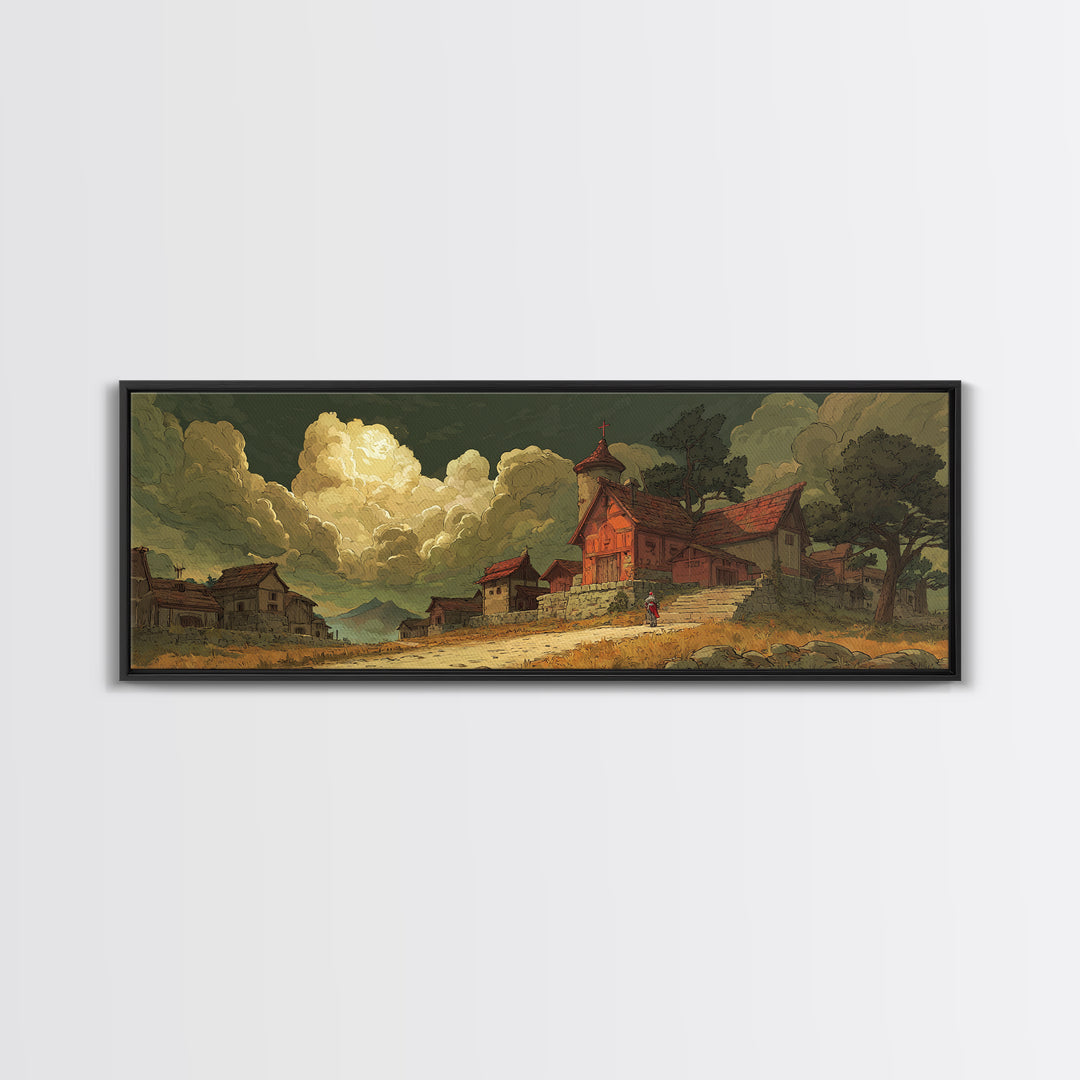 Fantasy Village Landscape Artwork With Knight And Dramatic Sky In Warm Tones Canvas Print