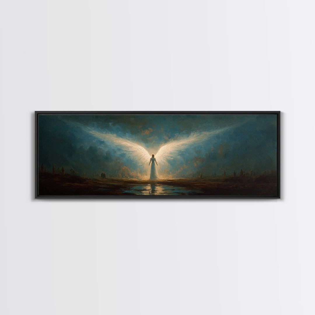 Ethereal Canvas Print Of Angelic Figure Radiating Light Among Heavenly Battle Scene Spiritual Wall Art For Inspirational And Contemporary Home Decoration