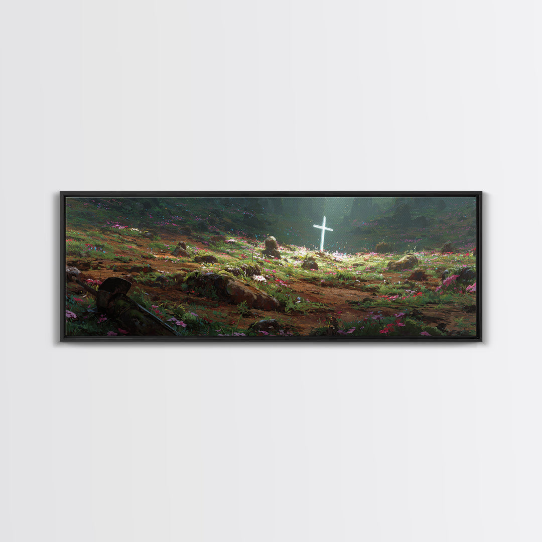 Fantasy Garden Illuminated Cross With Sword On Ground Painting - Canvas Print, Spiritual Wall Art, Religious Home Decor, Gift For Her