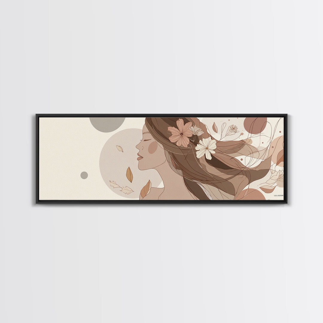 Feminine Floral Woman Profile Wall Art, Neutral Line Art Canvas Print, Boho Bedroom Decor, Romantic Gift For Her, Wall Decor