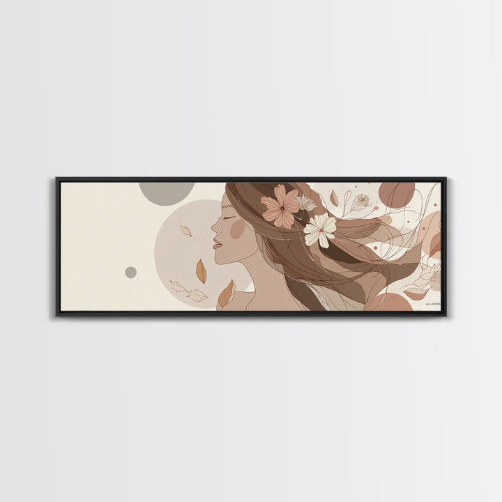 Feminine Floral Woman Profile Wall Art, Neutral Line Art Canvas Print, Boho Bedroom Decor, Romantic Gift For Her, Wall Decor
