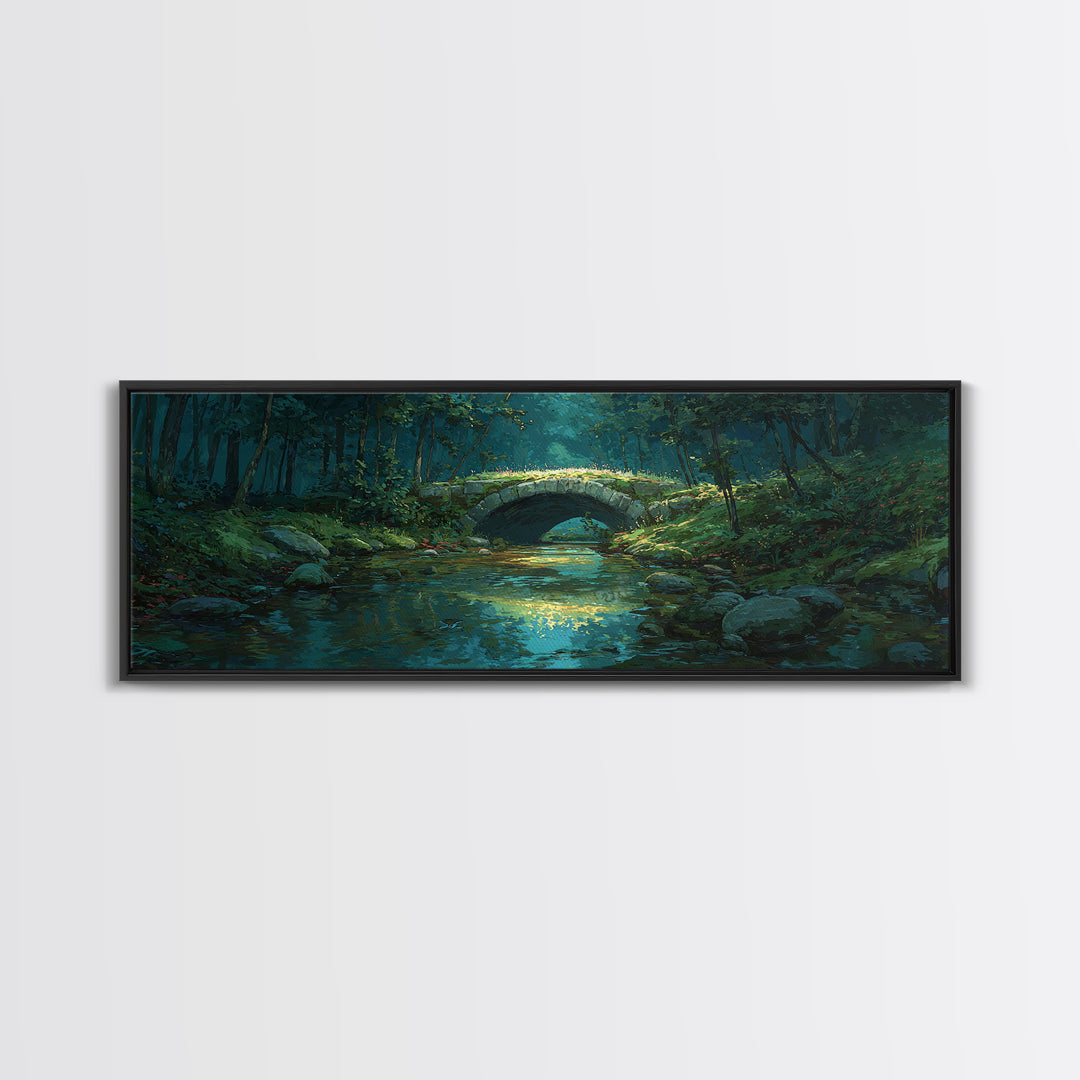 Enchanted Forest Bridge Over Quiet Stream Surrounded By Lush Trees Greenery Nature Wall Art Canvas Print For Home Decor