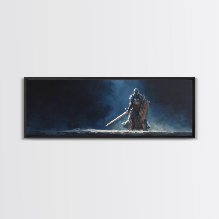 Knight In Armor Fantasy Wall Art Canvas Print Dramatic Original Painting Of Medieval Warrior With Sword Shield