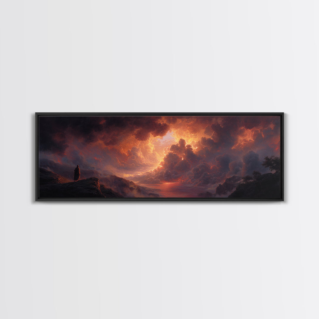 Epic Figure Facing Fiery Sunstorm Fantasy Landscape Wall Art Framed Canvas Print For Dramatic Home Decor And Contemporary Art Lovers