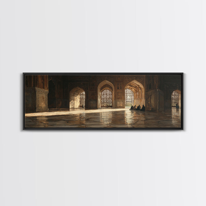Golden Mosque Prayer Hall Wall Art, Islamic Architecture Canvas, Arabic Home Decor, Spiritual Travel Print For Living Room