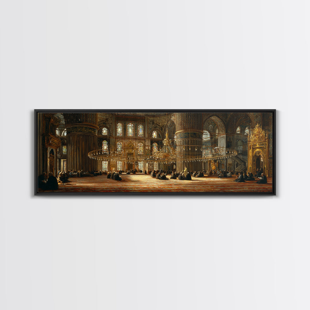 Intricate Historic Mosque Interior With Worshippers And Golden Details Wall Art Beautiful Islamic Architecture Framed Canvas Print