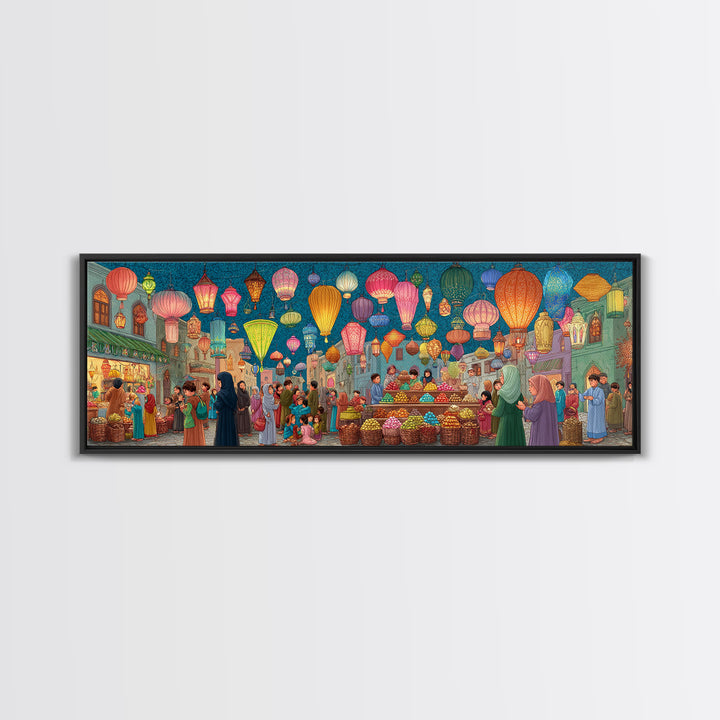 Bustling Market Scene Painting With Lanterns And People Vibrant Traditional Street Life Colorful Wall Art