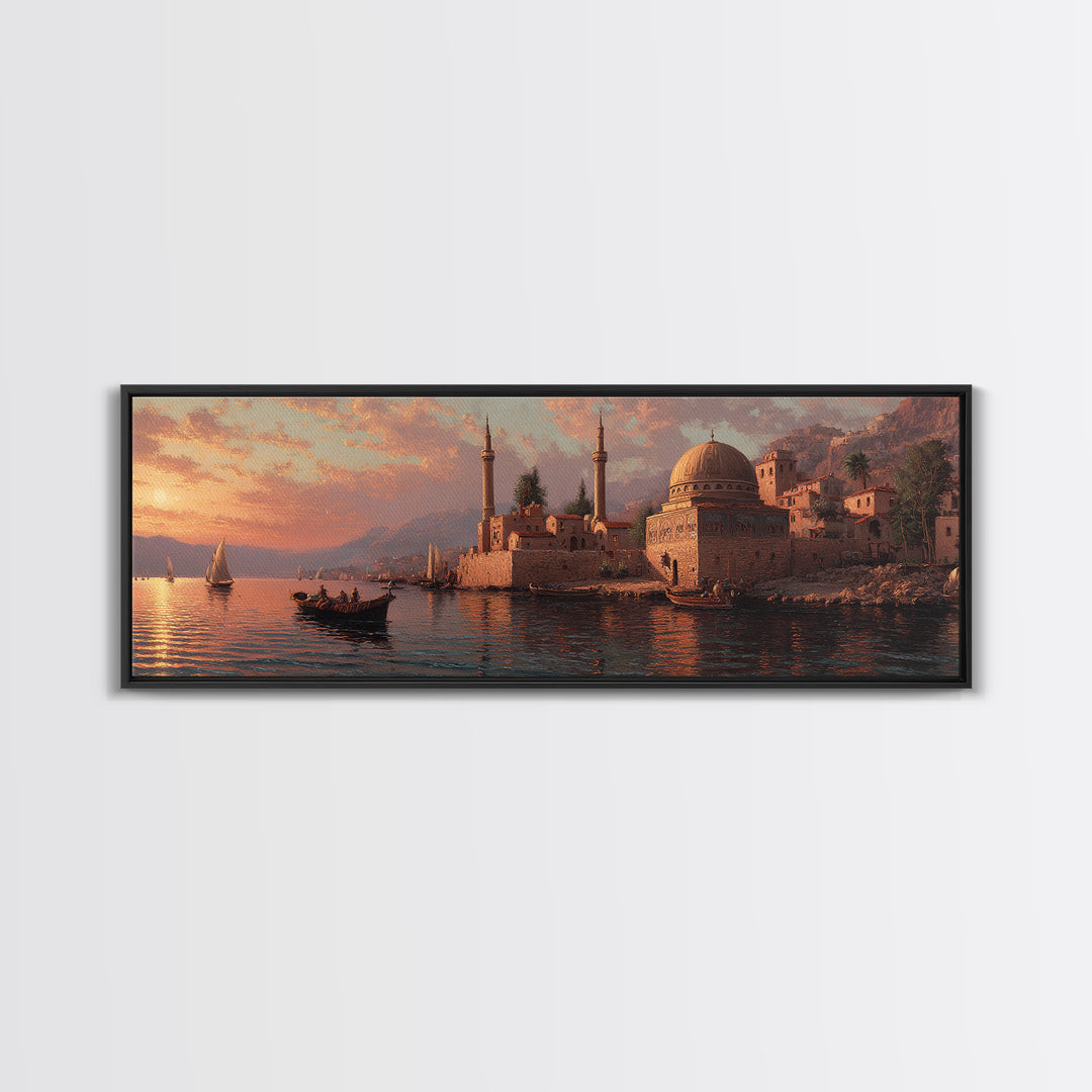 Seaside Town At Sunset Oil Painting Canvas Print With Boats And Warm Orange Glow Wall Art For Coastal Home Decor And Dining Room