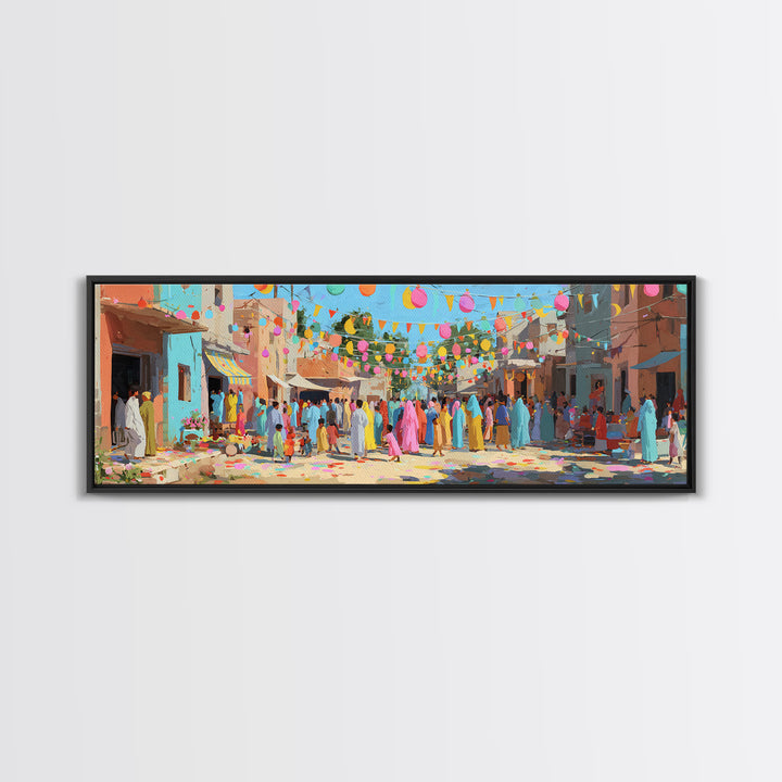 Festive Colorful Town Square Celebration Digital Painting Bright Lanterns And Crowds For Joyful Wall Art