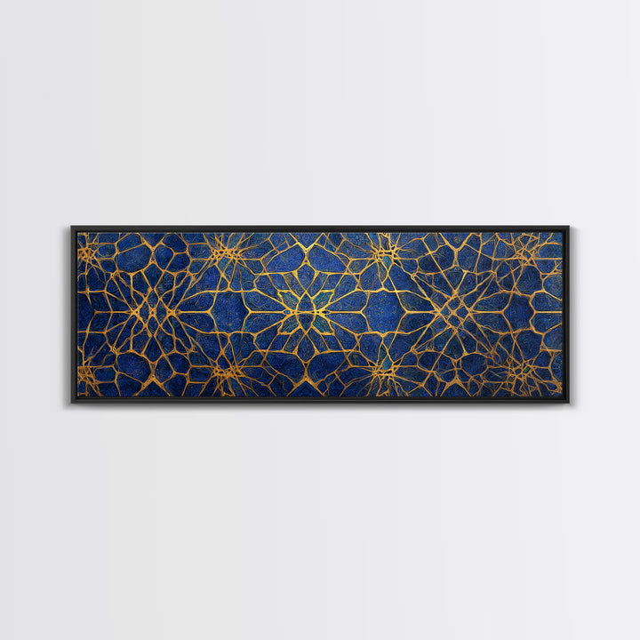 Detailed Blue And Gold Islamic Geometric Pattern Canvas Print For Elegant Religious Home Decor