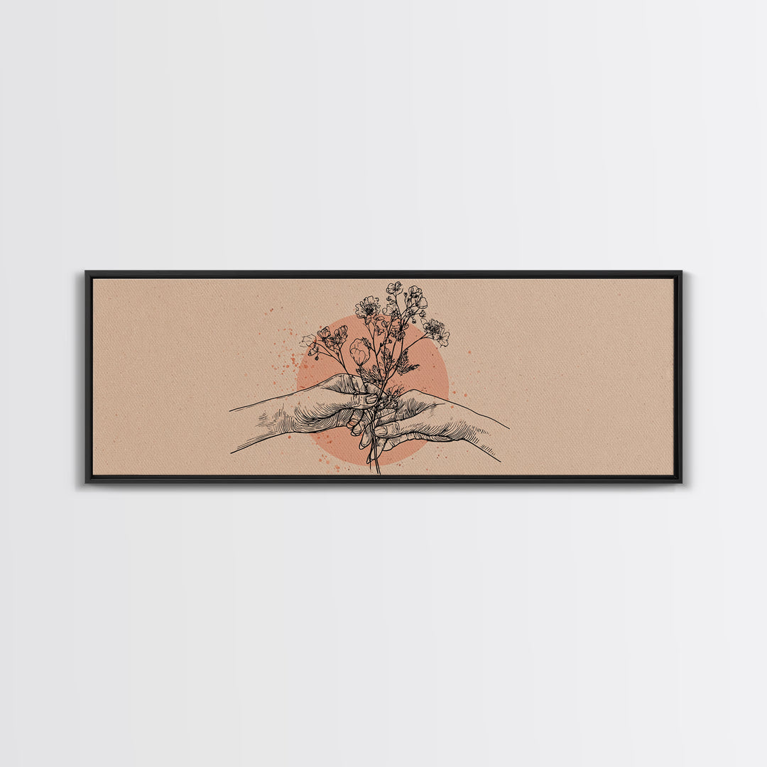 Hands Holding Wildflowers Line Art Wall Art, Neutral Botanical Canvas Print, Romantic Gift For Her And Minimal Bedroom Decor