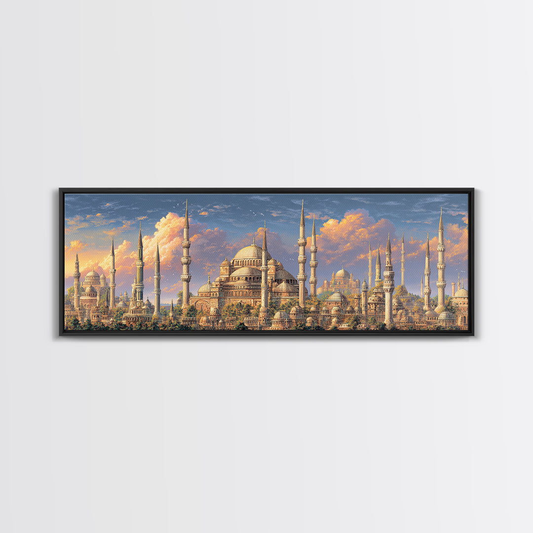 Vibrant Cityscape With Ornate Minarets And Warm Sunset Sky Framed Canvas Print For Home Decor