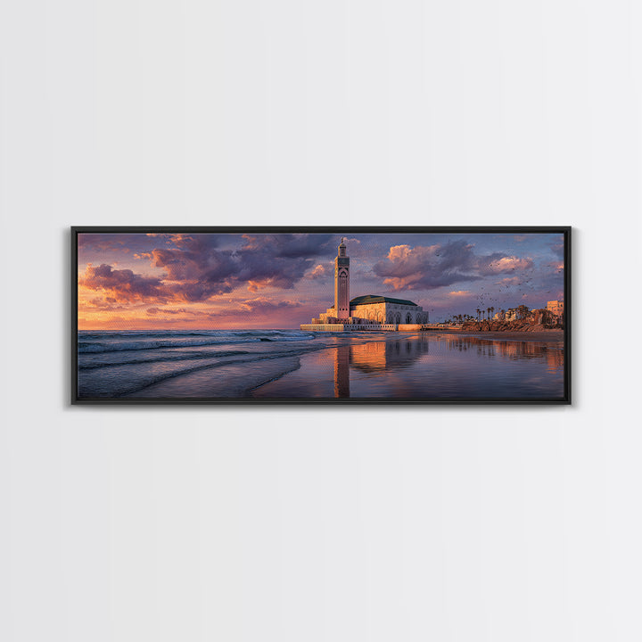 Sunset Over Iconic Casablanca Mosque With Reflective Water Wall Art Framed Canvas Print For Coastal Decor