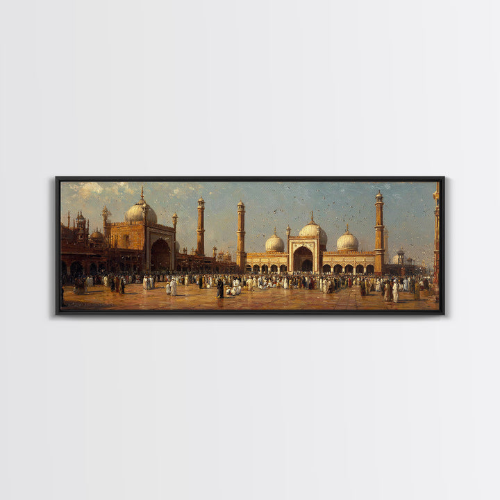 Vintage Indian Mosque Scene With Crowds In Traditional Attire Antique Oil Painting Wall Art Framed Canvas Print