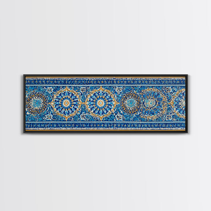 Detailed Handpainted Islamic Tile Blue And Gold Pattern Artwork Canvas Print For Moroccan Home Decor And Framed Wall Art