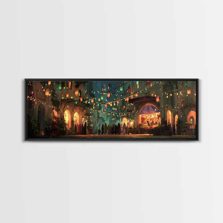 Vibrant Nighttime Street Market Scene With Lanterns And Crowds Framed Canvas Print