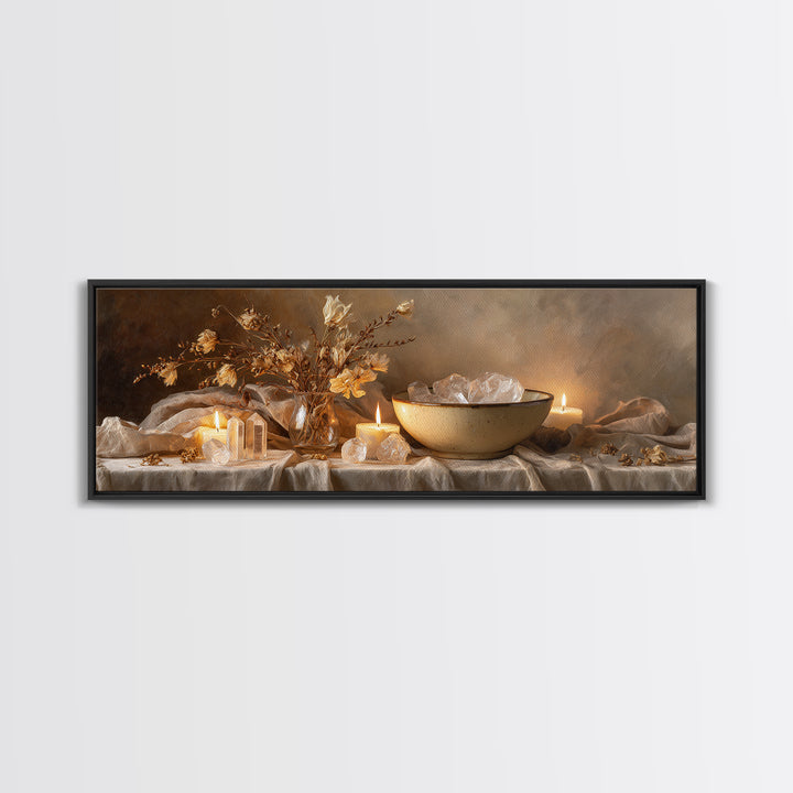 Crystals Candles And Dried Flowers Wall Art, Moody Spa Framed Canvas Print, Zen Meditation Decor For Cozy Living Room Art