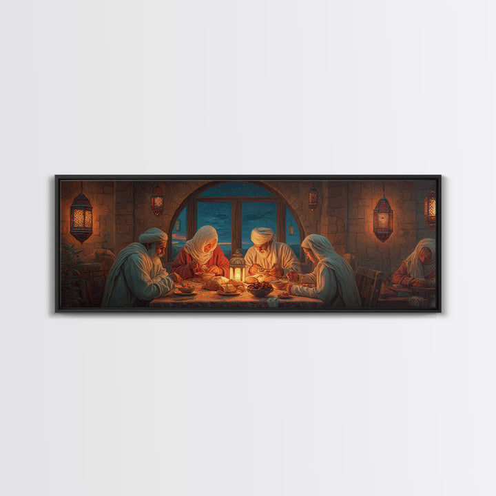 Red Desert Sunset With Camel Caravan Silhouette Wall Art Framed Canvas Print For Rustic Home Decor