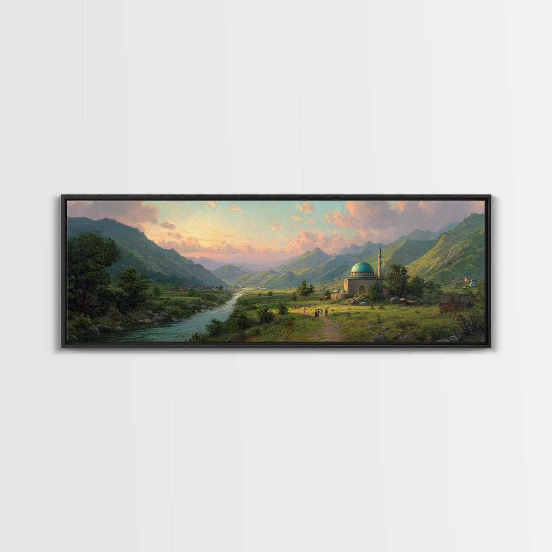Beautiful Serene Mountain Landscape With River And Village, Romantic Nature Oil Painting Framed Canvas Print, Large Wall Art For Home Decor