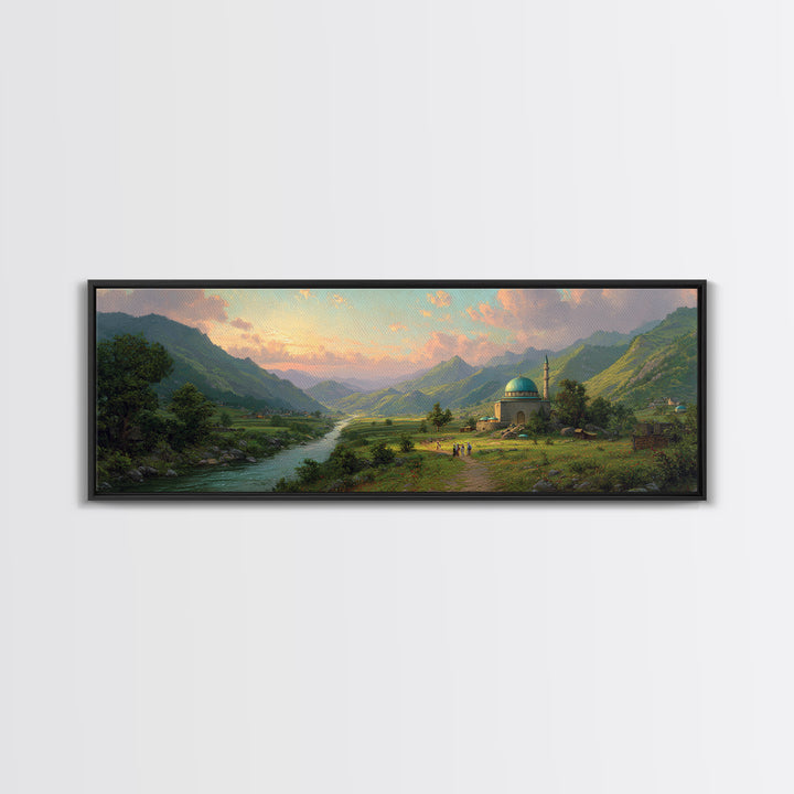 Beautiful Serene Mountain Landscape With River And Village, Romantic Nature Oil Painting Framed Canvas Print, Large Wall Art For Home Decor