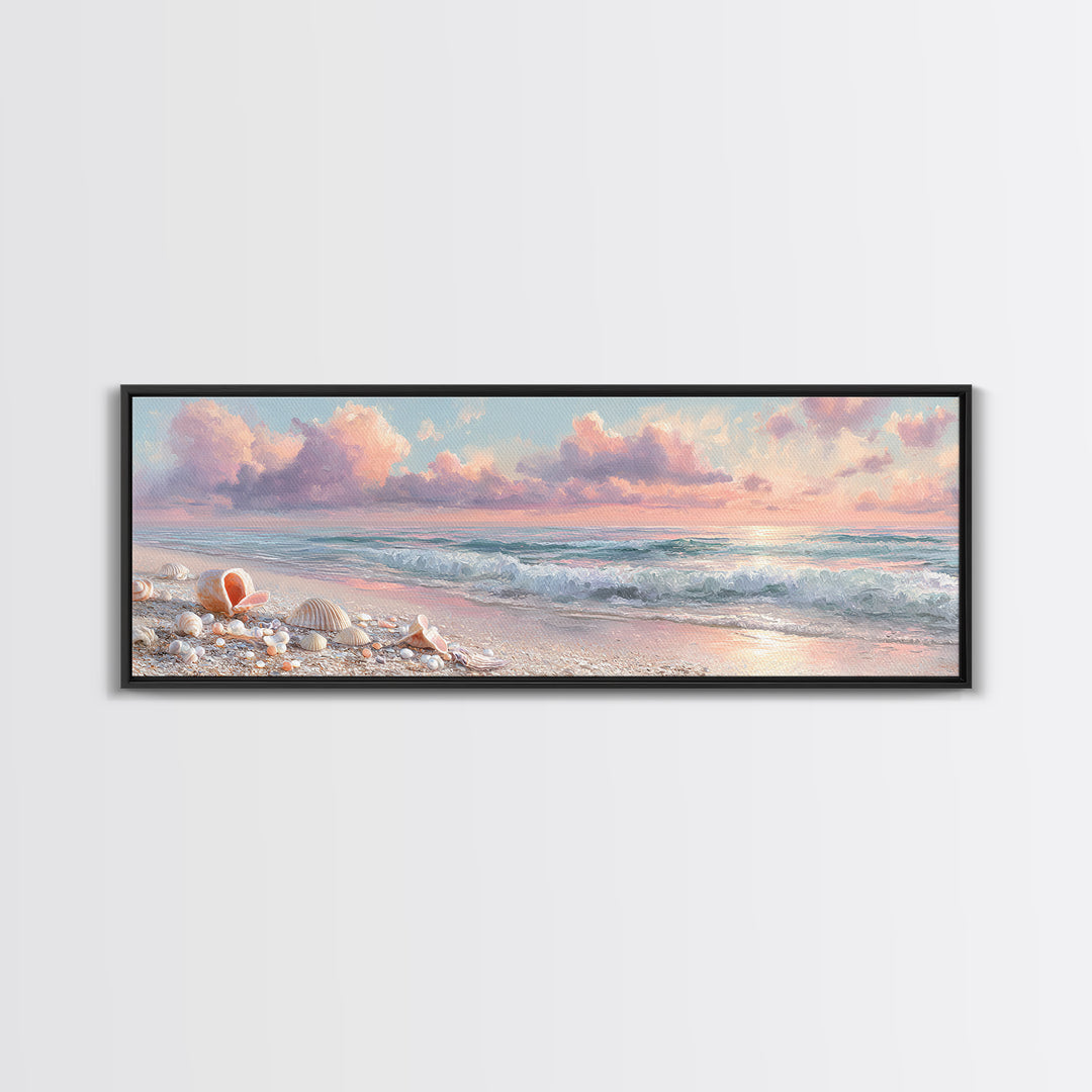 Pastel Ocean Waves And Shells Beach Wall Art, Coastal Canvas Print, Seashell Bathroom Decor And Beach House Gift For Her