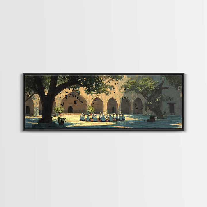 Historic Courtyard With Men In Traditional Clothing Sitting And Talking Framed Canvas