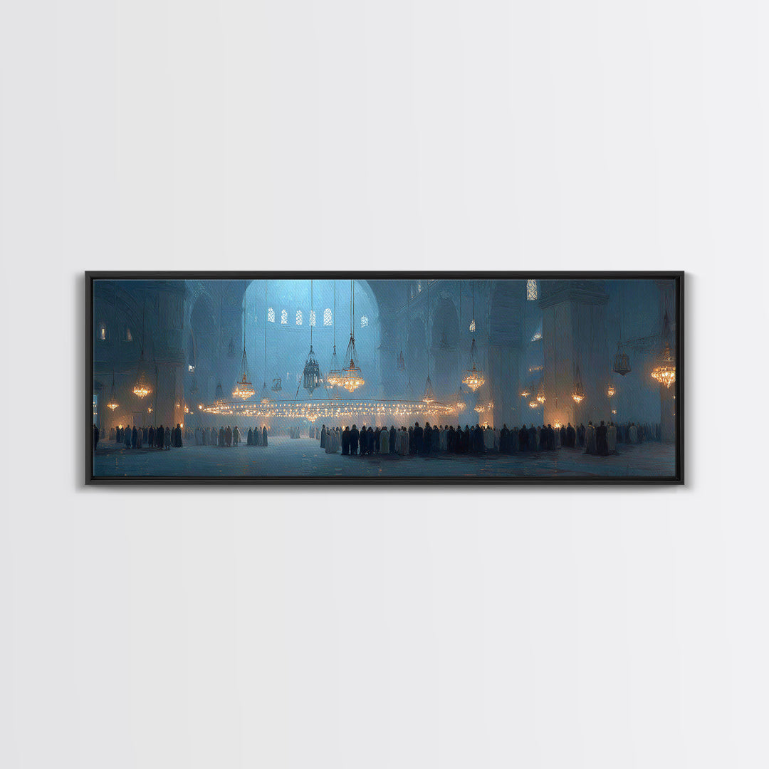 Ethereal Interior Of Historic Mosque With Soft Blue Tone And Glowing Chandeliers Canvas Print