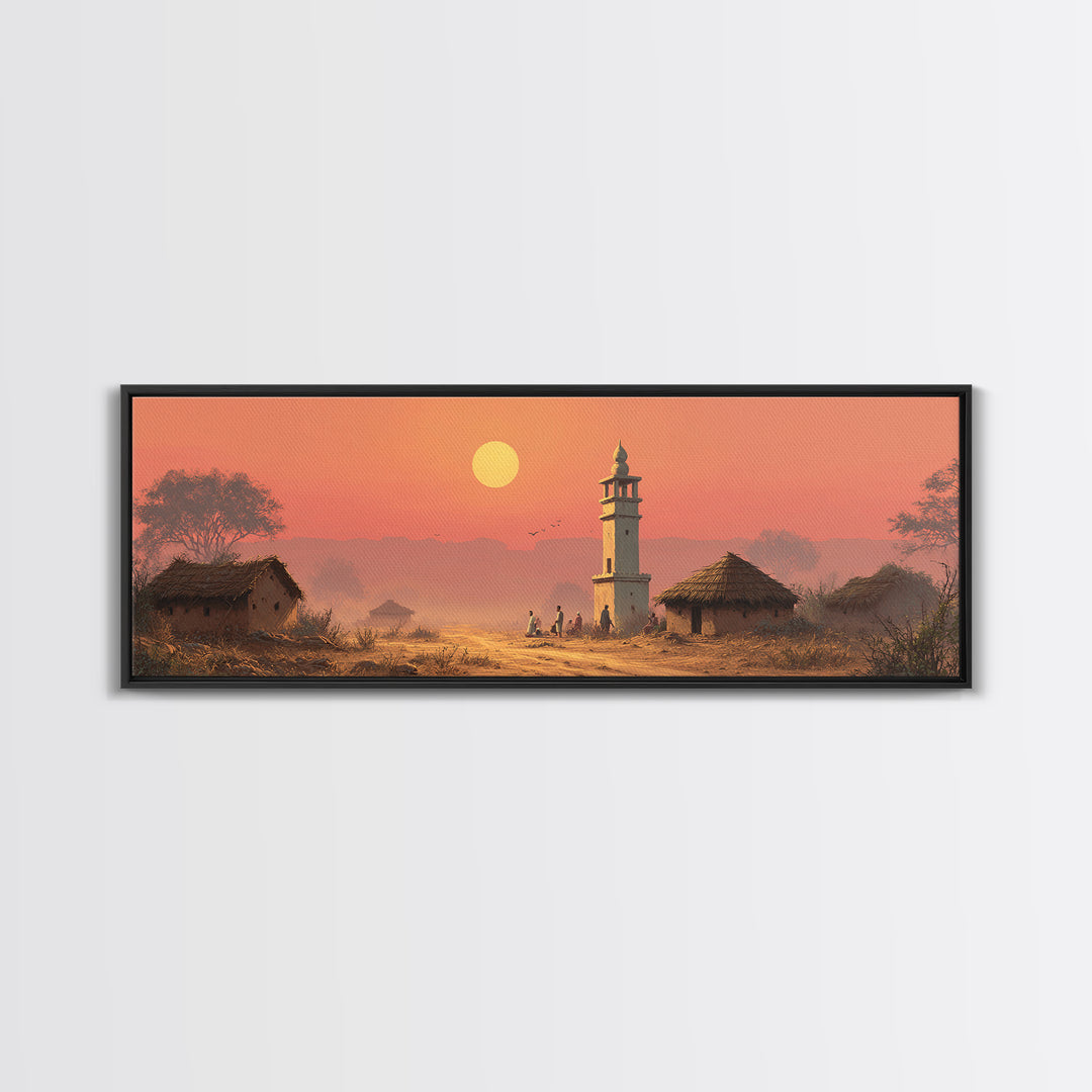 Rural Village Minaret At Peach Sunset Wall Art, Islamic Landscape Print, Prayer Room Decor, Warm Farmhouse Home Decor Gift