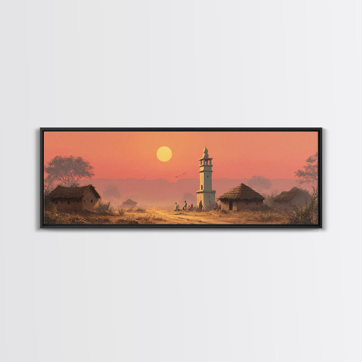 Rural Village Minaret At Peach Sunset Wall Art, Islamic Landscape Print, Prayer Room Decor, Warm Farmhouse Home Decor Gift