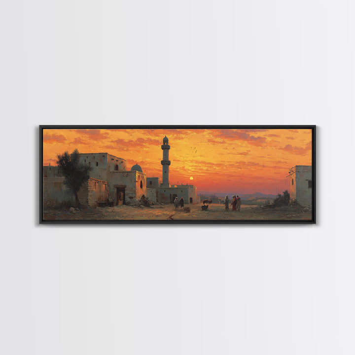 Stunning Sunset Over Desert Village With Minaret Oil Painting Warm Landscape Wall Art Framed Canvas Print For Home And Office