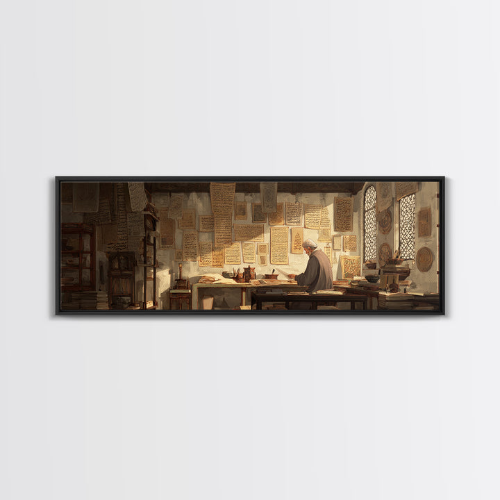 Old Scholar Reading Ancient Manuscripts In Historic Study Room Canvas Print Wall Art For Office Decor