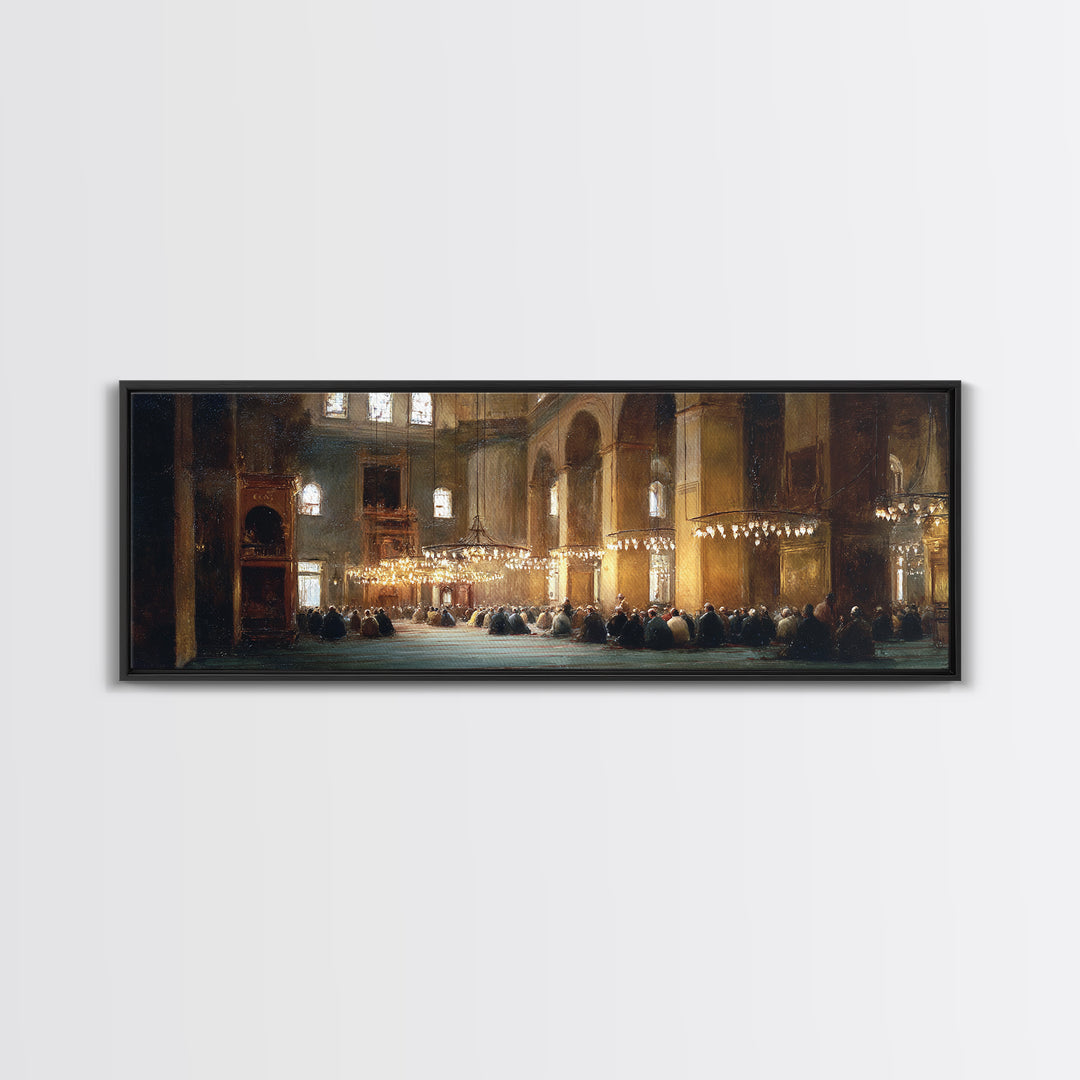 Classic Church Interior Worshipers Praying Under Chandeliers Religious Wall Art Framed Canvas Print