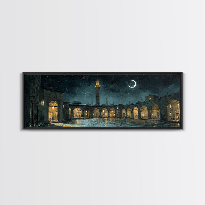 Enchanting Night Courtyard With Starry Sky And Crescent Moon - Magical Wall Art Canvas Print For Bedroom And Living Room Decor
