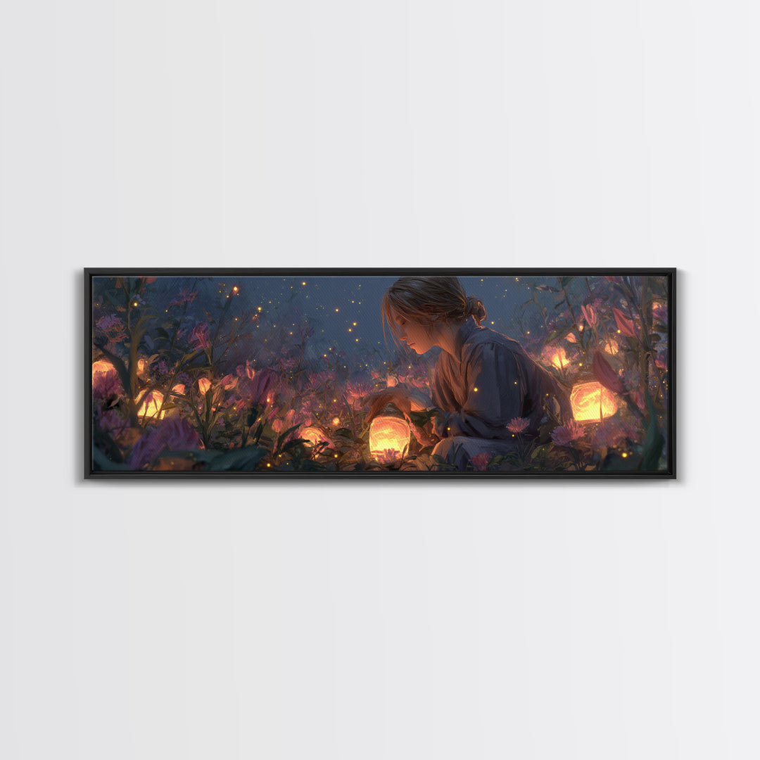 Girl With Glowing Lanterns In Enchanted Garden Wall Art, Fantasy Canvas Print, Whimsical Nursery Decor And Kids Room Decor Gift For Her