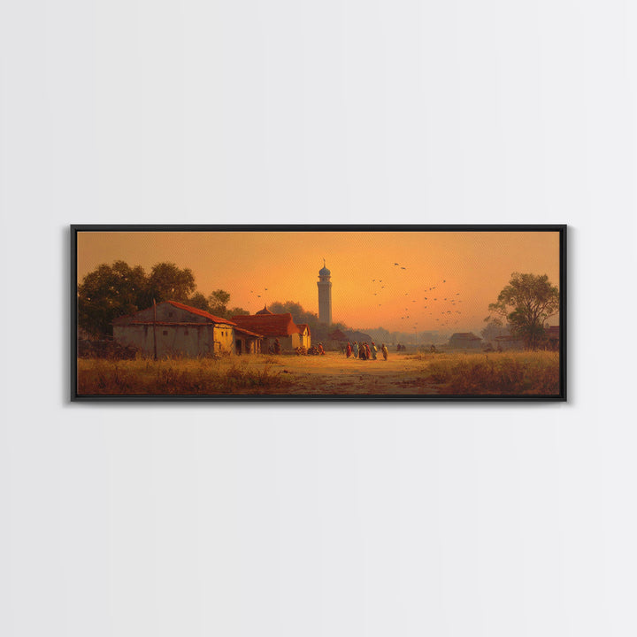 Serene Village Sunset Landscape Painting With Historic Mosque Tower Capturing Peace And Tradition Wall Art