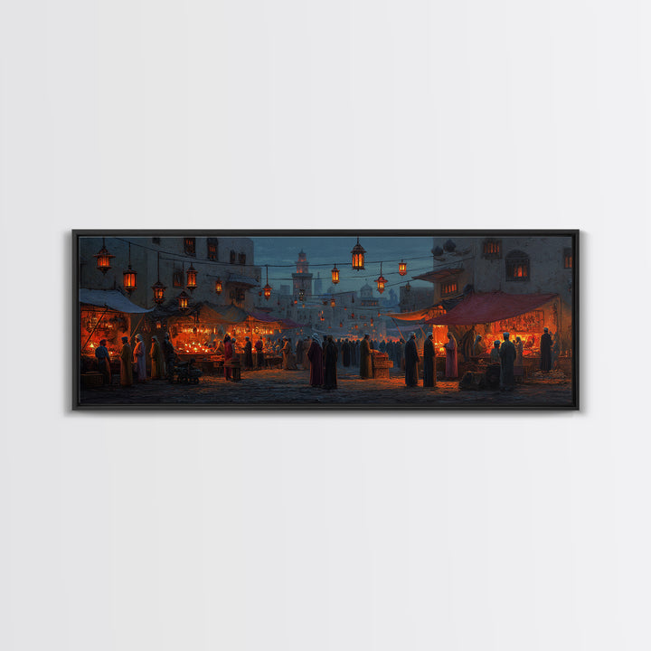 Warm and Lively Market Scene in Middle Eastern Style Oil Painting with Lanterns and Crowds Canvas Print
