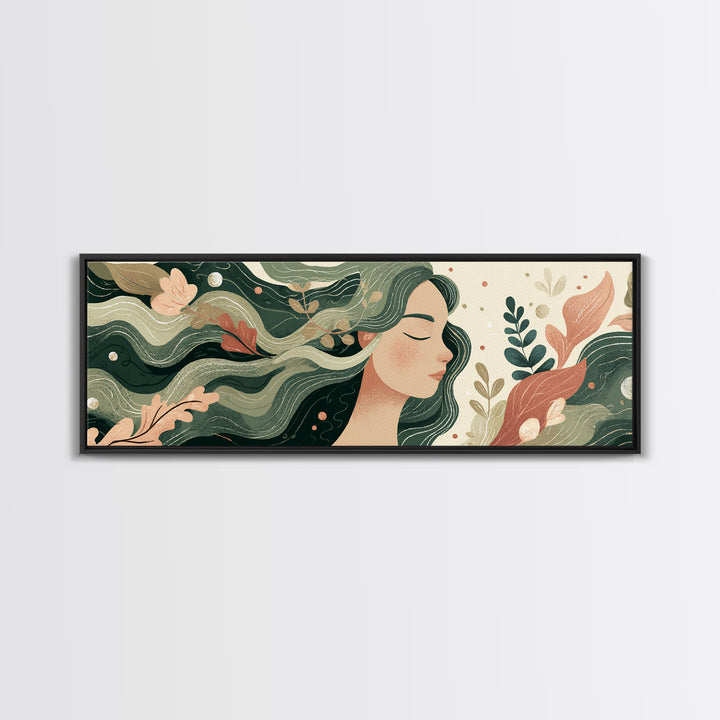 Flowing Green Haired Woman Botanical Wall Art, Feminine Boho Canvas Print, Earth Tone Decor For Bedroom And Living Room Art