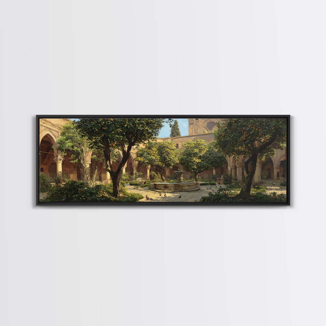 Sunny Courtyard With Orange Trees And Fountain, Classic European Garden Oil Painting Wall Art Print, Large Framed Canvas Print For Home