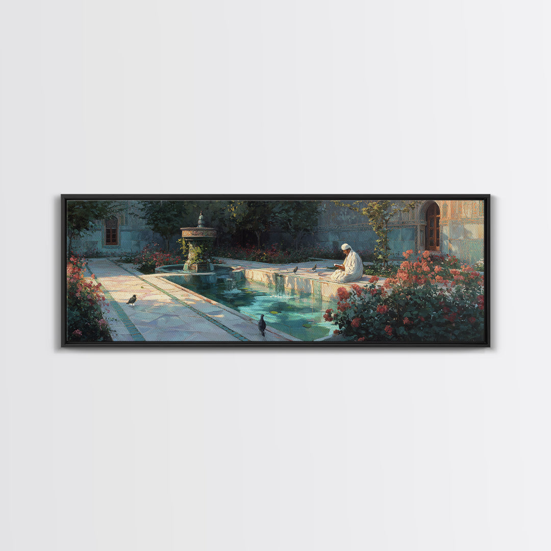 Serene Courtyard With Reflective Water And A Man Reading In Peaceful Garden Scene Wall Art