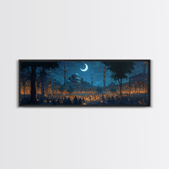 Serene Nighttime Mosque With Illuminated Lanterns And Crescent Moon Wall Art Framed Canvas Print For Spiritual Home Decor