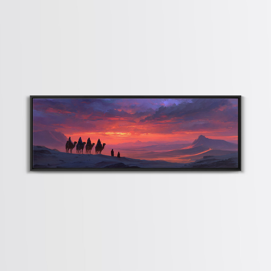 Dramatic Desert Caravan With Camels Traveling At Sunset Landscape Wall Art For Living Room Cozy Home Decor Framed Canvas Print