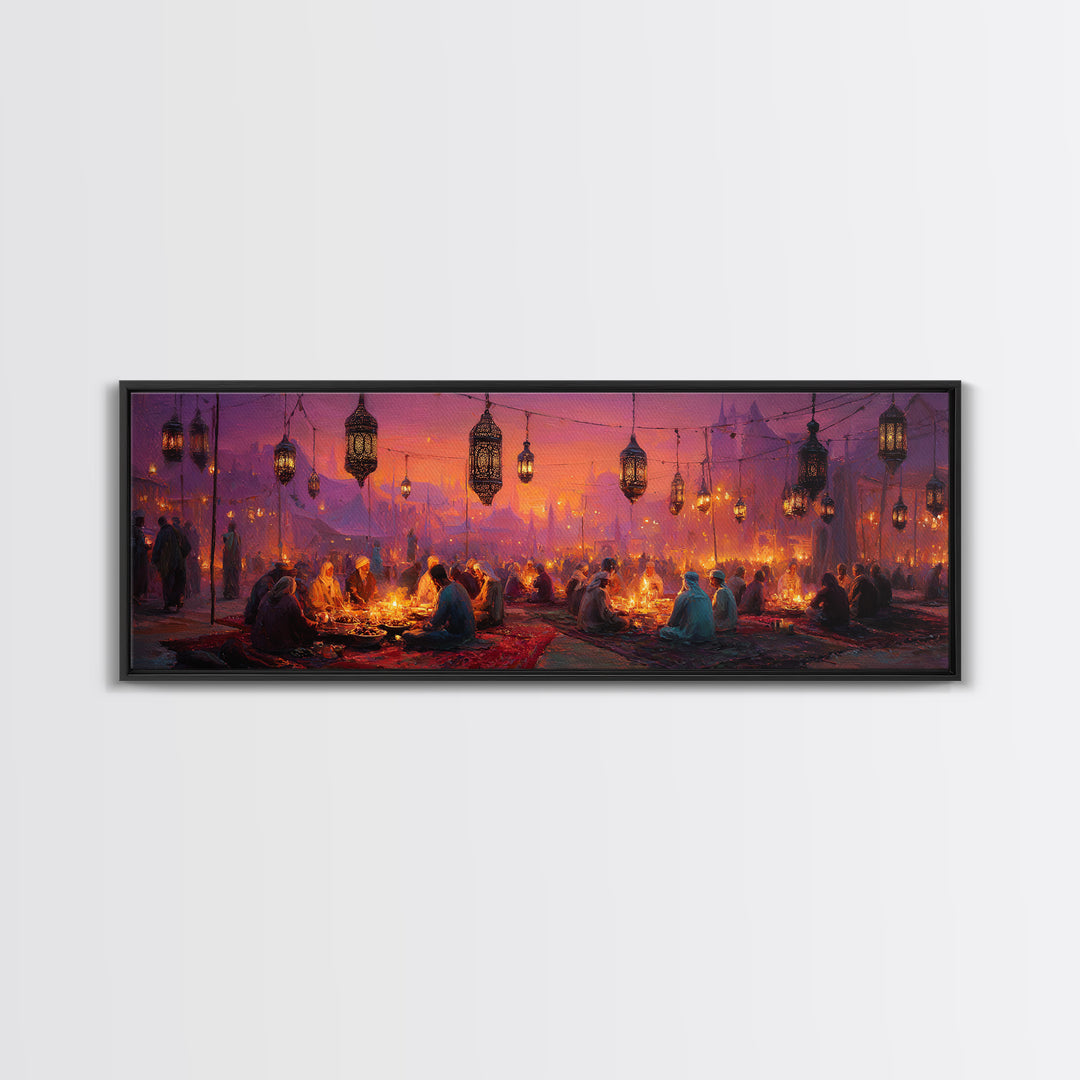 Vibrant Middle Eastern Night Festival With Lanterns And People Enjoying Colorful Celebration Framed Canvas Print