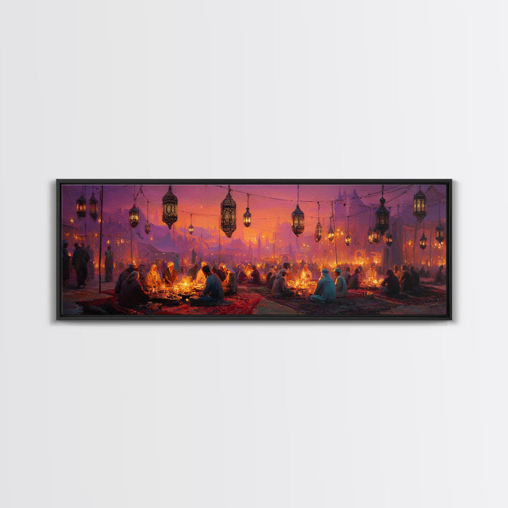 Vibrant Middle Eastern Night Festival With Lanterns And People Enjoying Colorful Celebration Framed Canvas Print